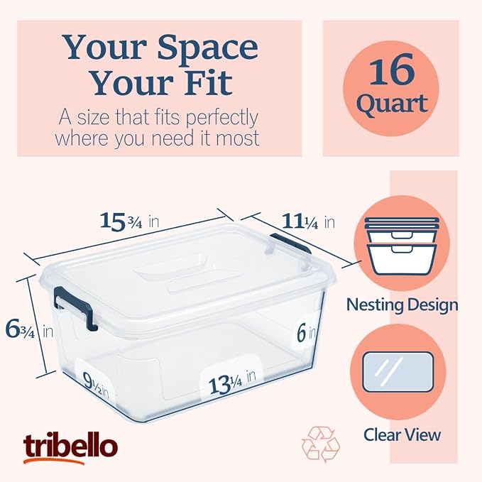 Tribello Plastic Storage Bins with Lids, Clear Stackable Storage Containers - 16 Qt - 2 Pack