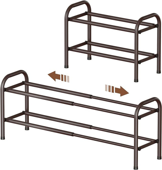 Gonfoam Expandable 2-Tier Shoe Rack for Closet and Entryway, Bronze | Tool-Free Assembly, Metal Material, Adjustable Shoe Organizer, Sturdy, Small Space Solution, Dorms, Garages, Apartments.