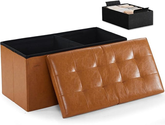 HAUSFRAU Ottoman with Storage Bench Folding Foot Rest Stool Retro Brown | 31.5", Flip Lid, Small Upholstered Foldable Footrest Footstool, Bedroom Bench, Living Room Dorm Ottoman, Faux Leather