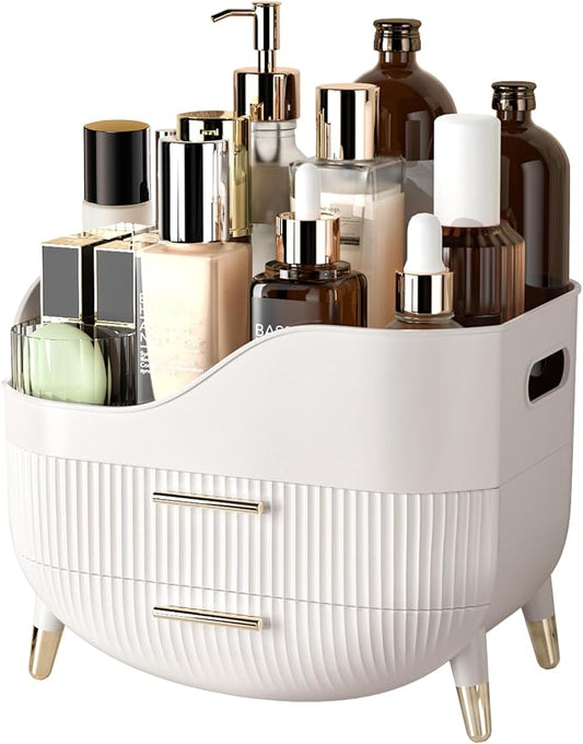 Makeup Organizer for Vanity, Large Capacity Skincare Organizer Countertop | Cosmetics Organizer with 2 Drawes, Cosmetic Display Cases Makeup Storage Box for Bedroom, Bathroom, Gifts for Women(White)