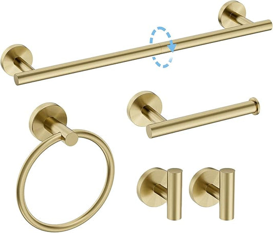 Luxbaro 18 Inch Brushed Gold Bathroom Accessories, Thicken, 5-Piece | Modern Towel Bar Set, Wall Mounted Towel Racks for Bathroom, Durable SUS304 Stainless Steel Bathroom Accessories Set