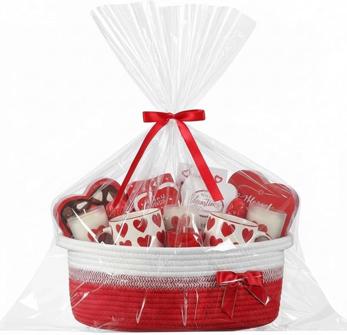 Colingmill 1 Set Woven Empty Basket for Gift,Red White | with Cellophane Wrap Set, 14 x 10 x 5.5 Inch, Medium Decorative Gift Basket, Cotton Rope Storage Box, Home Decor