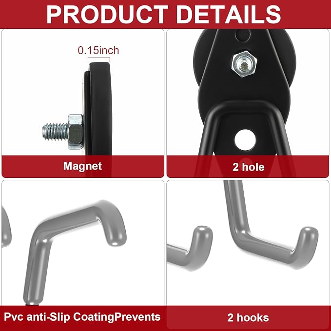 Landhoow 6 Pcs Large Magnetic Hooks Heavy Duty Garage Magnet Hooks Strong Storage Utility Magnetic Hangers with Anti Slip Rubber Coating for Indoor and Outdoor Hanging (Grey)