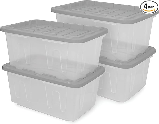 CX 27-Gallon Heavy Duty Clear Stackable Storage Bins with Lids, 4 Pack Gray | Clear plastic totes for garage organization, Stackable, weather-resistant, snap lids, 14.3H x 20.6W x 30.6D, Clear/gray
