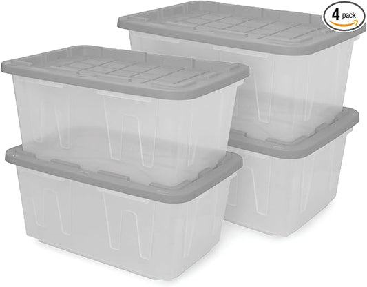 CX 27-Gallon Heavy Duty Clear Stackable Storage Bins with Lids, 4 Pack Gray | Clear plastic totes for garage organization, Stackable, weather-resistant, snap lids, 14.3H x 20.6W x 30.6D, Clear/gray
