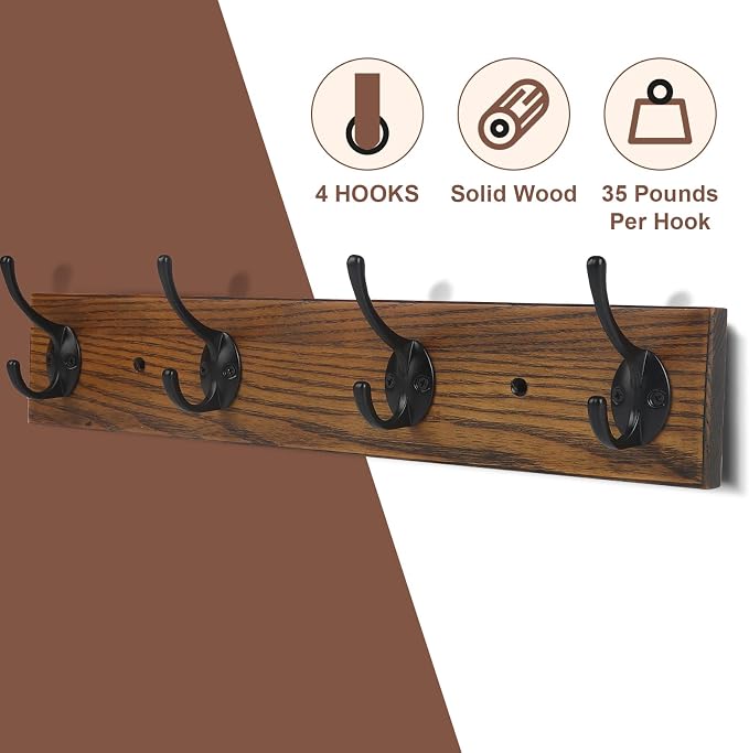 Coat Rack Wall Mounted, Wall Coat Rack with 4 Rustic Coat Hooks, 17” Entryway Ash Wood Coat Hanger Rail Hooks for Hanging Coats Hats, Perfect for Bedroom Bathroom Kitchen