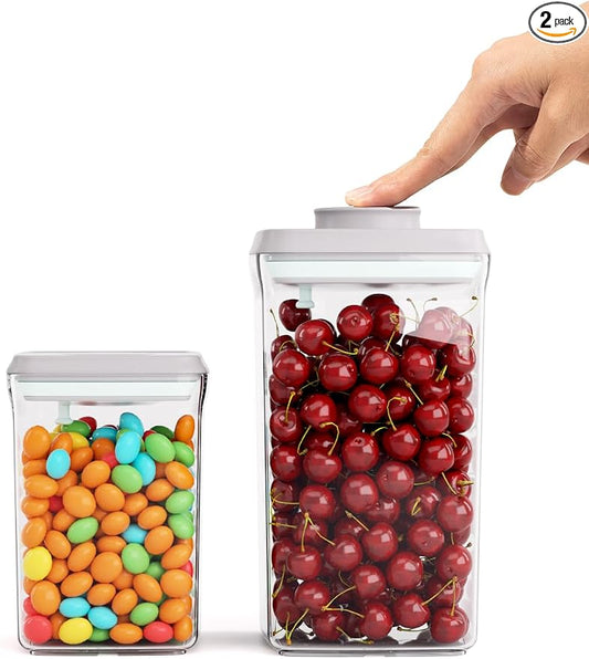 Airtight Food Storage Containers, 2.0 Qt & 0.9 Qt, One-Touch Pantry Set | Clear Stackable Pantry Canisters for Coffee Stations, Breakfast Corners, Baking Areas and Everyday Dry Food Organization