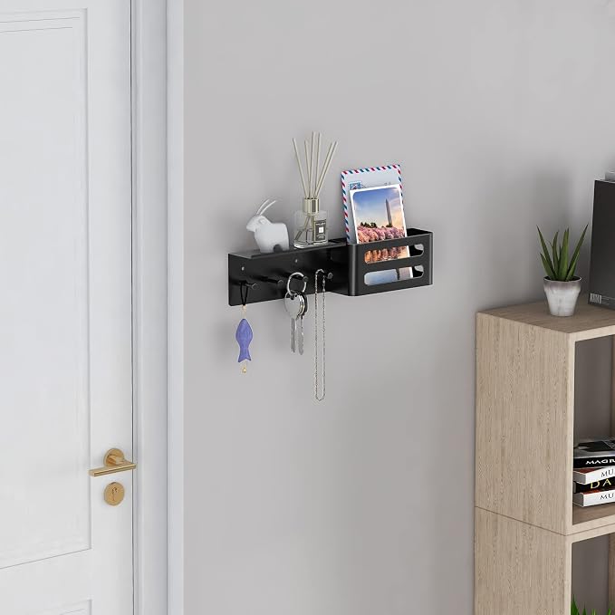 MKO Key Holder Wall Mount, Adhesive Key Hanger with 4 Hooks for Wall, Black | Metal Material, Key Rack with Shelf, Wall Mount, Mail Organizer Tray, Suitable for Entryway, Hallway, Living Room