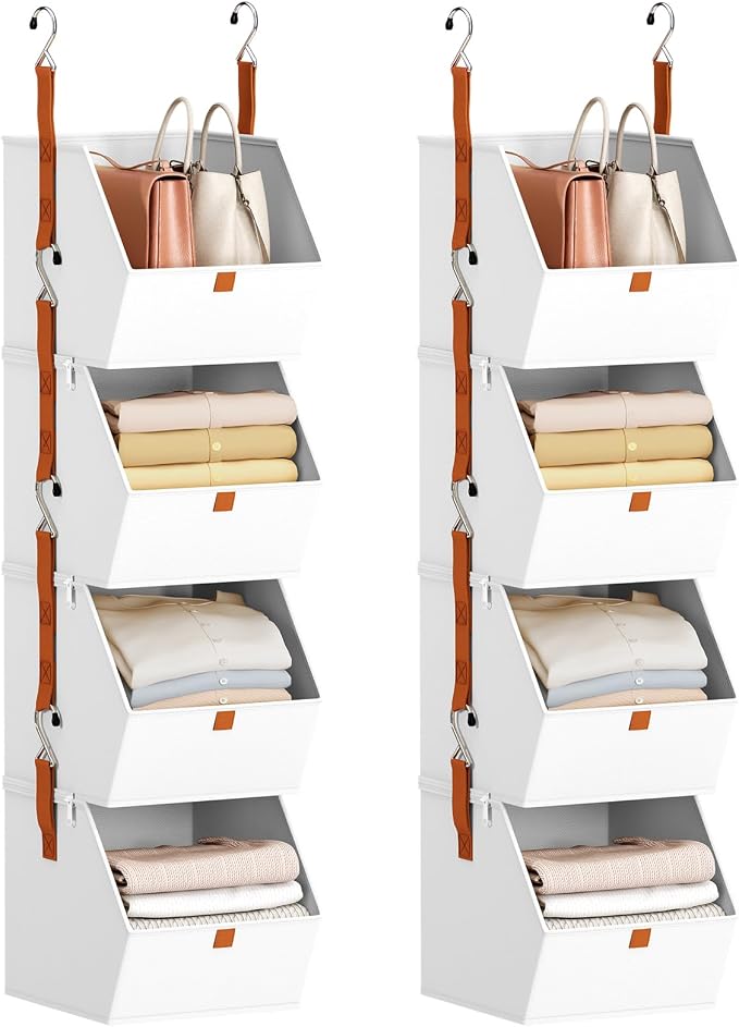 Homsorout Hanging Closet Organizer 4 Tier - Clothes Hanging Shelves, Space-Saving Closet System, Fabric Storage Bins Bedroom Organization, Collapsible Baskets for Home, Dorm, Rv, White, 8 Pack