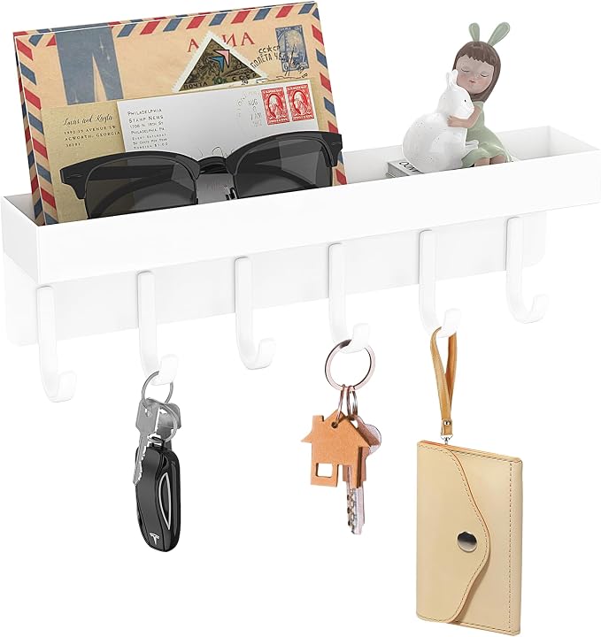 Magnetic Key Holder, Wall Mount Key Rack with Shelf, 9.65 in, White | Metal Material, Small Size, 6 Metal Hooks, 2 Installation Ways, for Fridge, Entryway, Kitchen, Bathroom, Garage, RV, Office