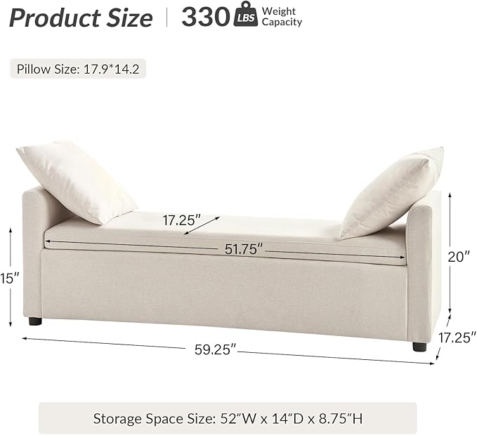 HULALA HOME 59" Storage Bench with 2 Throw Pillows & Armrests, Linen | Modern Long Bedroom Bench for End of Bed, Comfy Upholstered Fabric Footstool for Entryway Living Room