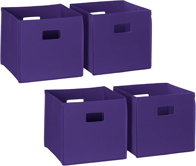 RiverRidge Folding Storage Bins - 4-pack of 10in Tall Dark Purple Cubes | Fabric Bins, Set of 4 Storage Cubes, Cut-out Handles, Playroom Closet Organizer, Collapsible Cubby with Bottom Board Insert