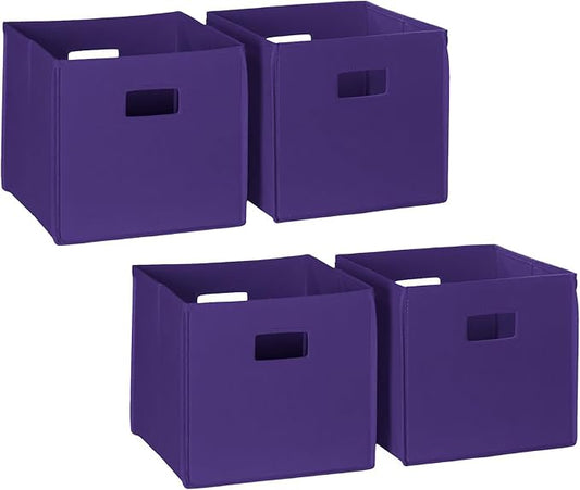 RiverRidge Folding Storage Bins - 4-pack of 10in Tall Dark Purple Cubes | Fabric Bins, Set of 4 Storage Cubes, Cut-out Handles, Playroom Closet Organizer, Collapsible Cubby with Bottom Board Insert