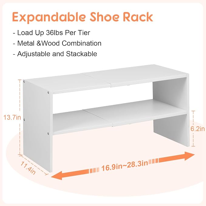 2-Tier Expandable White Shoe Rack Organizer for Closet, Stackable Shoe Rack Storage Shelf, Small Iron Wood Combination Shoe Shelves for Closets,Entryway,Front Door, Narrow Space,Hallway,6-12 Pairs