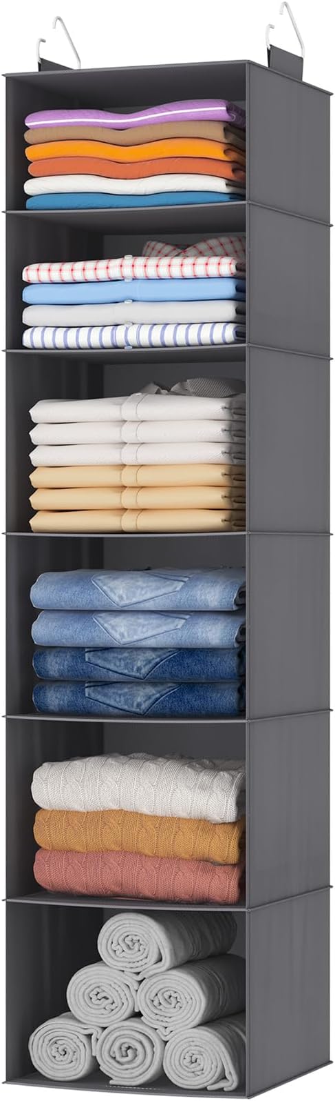 Lifewit 6 Tier Hanging Portable Closet Storage Organizer for Shelves, Beige | Foldable Clothes Shelf with 2 Sturdy Hooks, Sweater/Coat/Shoes Clothing Organization for Wardrobe, Dorm, Bedroom