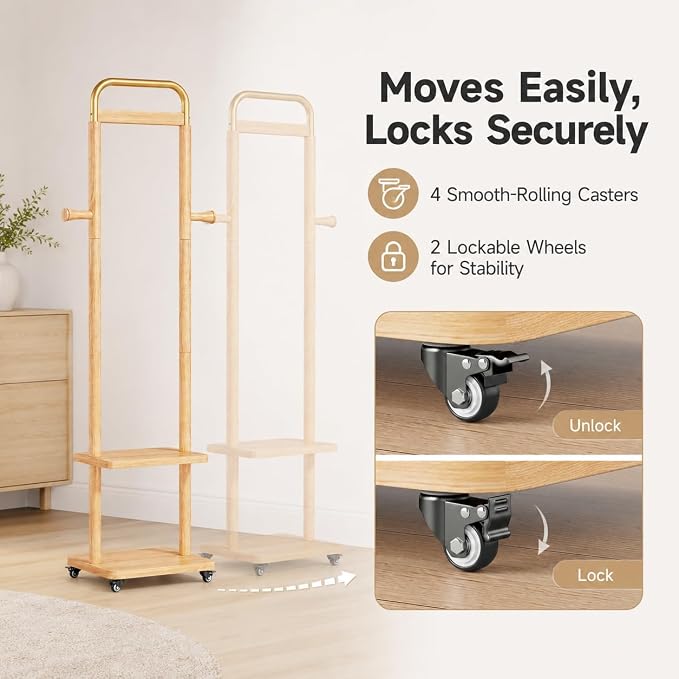 Solid Rubberwood Coat Rack – 71.2" Tall Standing Rack with Locking Wheels, 2-Tier Shelves & Side Hooks, Slim Hall Tree for Entryway or Bedroom (Natural Wood 15.7" W x 71.2" H)