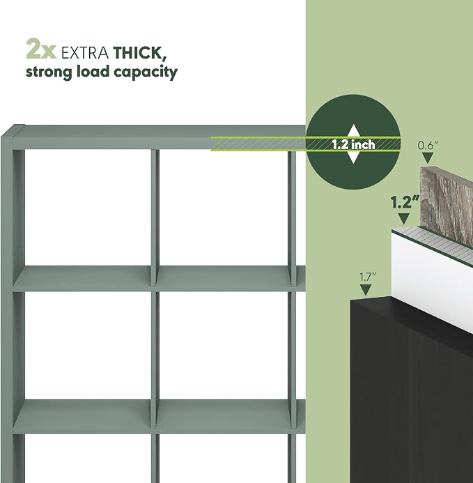 Furinno Cubicle 9-Cube Book Shelf, Extra Thick Frame Bookshelf, Sage Green | 14.6" x 44" x 44", Reversible Bookcase with Open Back, for Living Room, Bedroom, Home Office