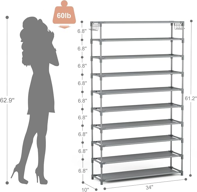 LANTEFUL 10 Tiers Shoe Rack 50 Pairs Large Capacity Tall Shoe Organizer Sturdy Shoe Storage with Two Hooks Space Saving Metal Wide Shoe Rack for Closet, Entryway, Bedroom, Grey