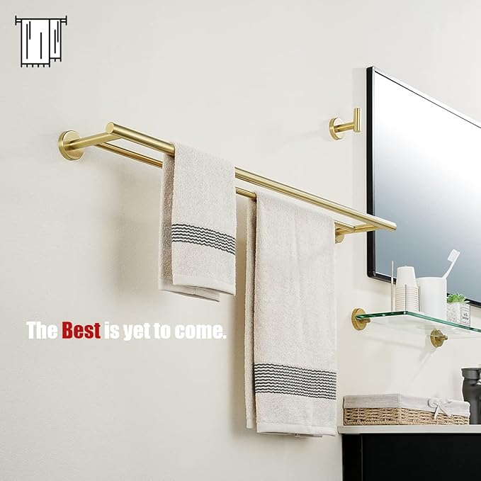 JQK Double Bath Towel Bar, Brushed Gold 33 Inch 304 Stainless Steel Thicken 0.8mm Towel Rack for Bathroom, Towel Holder Wall Mount, Useable Length 30 Inch, TB100L30-BG