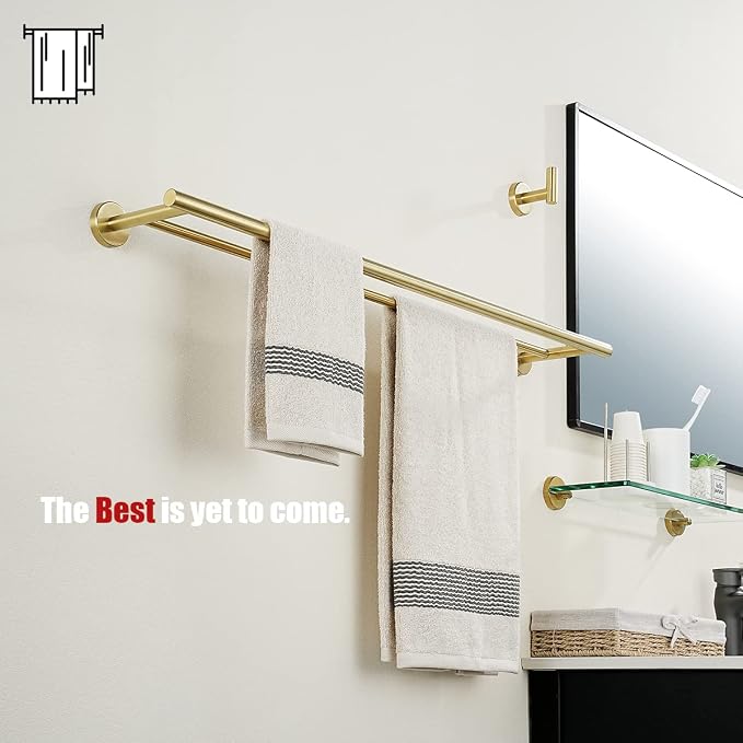 JQK Double Bath Towel Bar, Brushed Gold 30 Inch 304 Stainless Steel Thicken 0.8mm Towel Rack for Bathroom, Towel Holder Wall Mount, 27 Inch Useable Length, TB100L27-BG