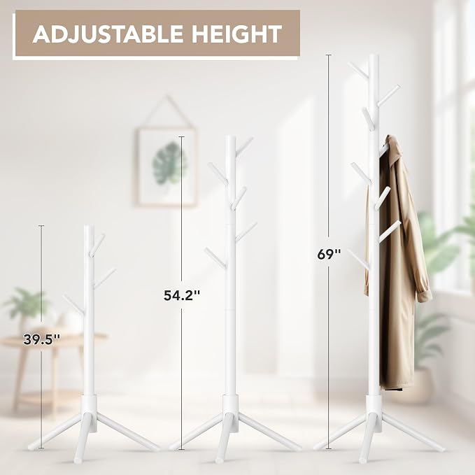 Hupmad Wooden Tree Coat Rack Stand,Sturdy Freestanding Coat Rack with 8 Hooks,3 Adjustable Height for Child Adult,Wood Coat Stand Tree Fits Entryway Bedroom Office for Bags,Hats, 2 Pack