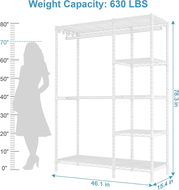 F2 Clothes Rack, 5 Tiers Heavy Duty Garment Rack for Bedroom | Freestanding Adjustable Closet Storage Organizer, Portable Clothing Wardrobe, 46.1"W x 15.4"D x 78.3"H, Load 630lbs, White