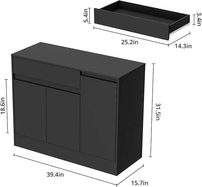 Housoul 39.4" W Shoe Storage Cabinet with 3 Doors & Drawer, Black | Freestanding Modern Shoe Cabinet with Drawer & Adjustable Shelves, Wooden Shoe Organizer Cabinet for Entryway, Hallway