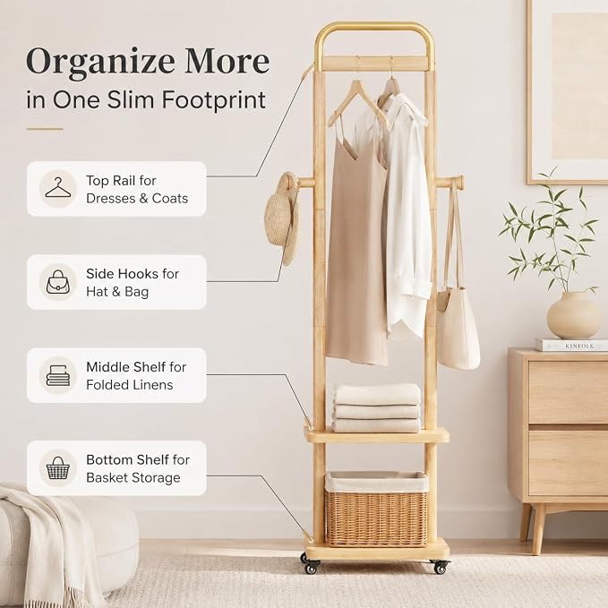 Solid Rubberwood Coat Rack – 71.2" Tall Standing Rack with Locking Wheels, 2-Tier Shelves & Side Hooks, Slim Hall Tree for Entryway or Bedroom (Natural Wood 15.7" W x 71.2" H)