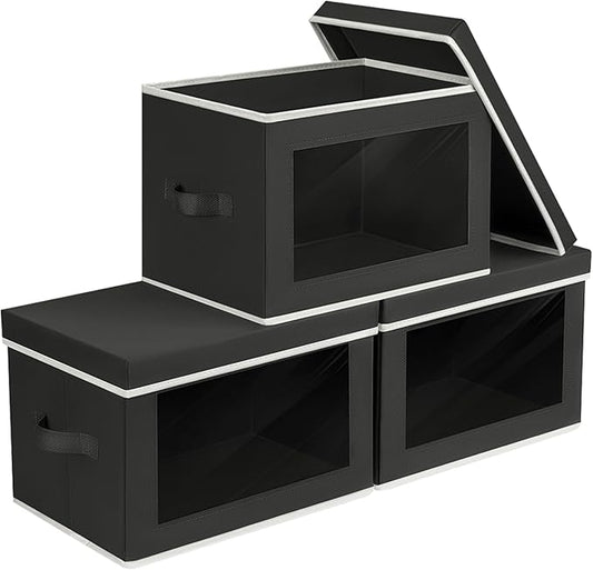 Homsorout Storage Boxes with Lids - 3 Pack Fabric Clear Window Storage Bins, Collapsible Storage Bins with Lids, Linen Closet Organizer for Clothes, Towel, Blanket, Black