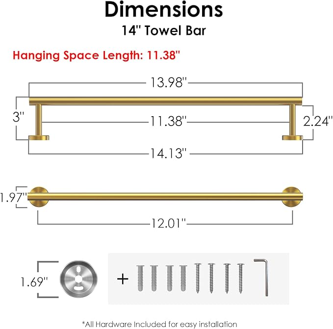 FORIOUS Towel Bar 12" Towel Racks for Bathroom Wall Mounted Brushed Gold | Total Length 14 Inch, Rustproof, Stainless Steel Towel Holder, Wall Mounted for Bathroom Bedroom, Heavy Duty, Space Saving