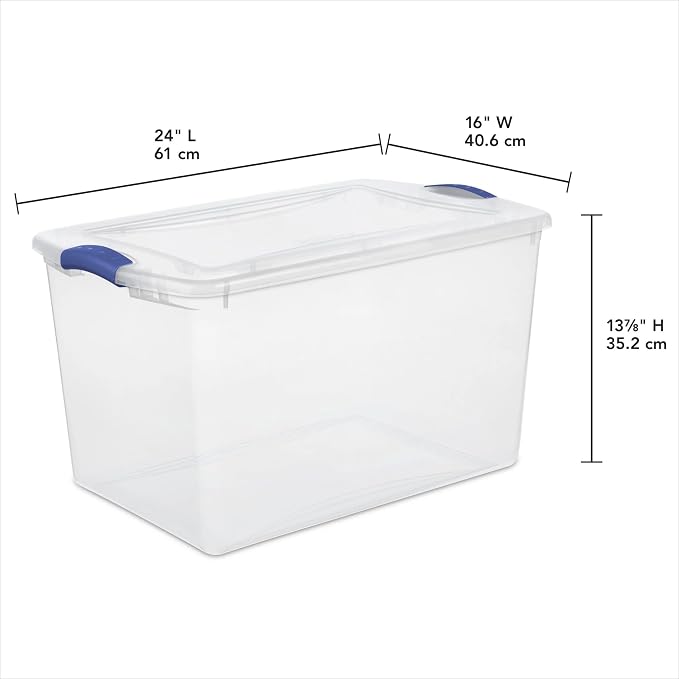 66 Qt Storage Bins 6-Pack, Clear Plastic Containers with Latching Lids | Clear Base & Lid, Secure Blue Latches, Recessed Stacking, 66Qt Capacity, BPA-Free Plastic