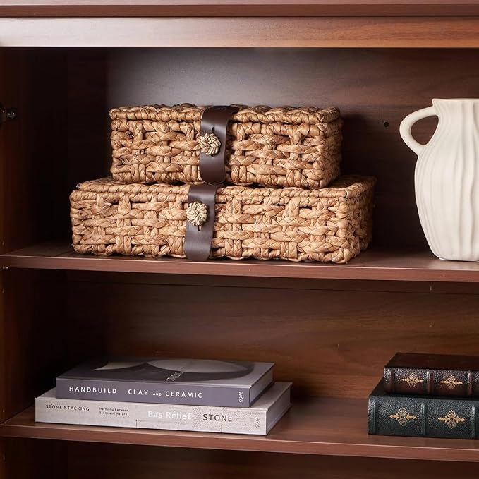 Wicker Decorative Box with Lid, Water Hyacinth Woven Basket for Shelf Display, Coffee Tables Storage Small