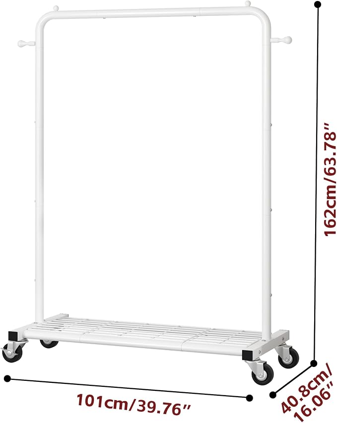 Sywhitta Metal Clothing Rack on Wheels with Mesh Shelf, for Clothes,White | Rolling Garment Rack for Hanging Clothes, Coats, Skirts, 39.76" L x 16" W x 63.78" H,Space-Saving Mobile Organizer for Closet