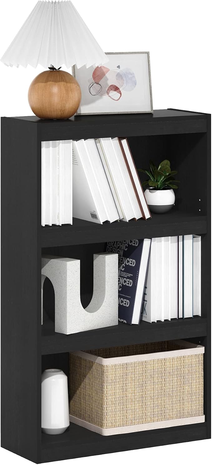 Furinno Jaya Book Shelf, 3-Tier Modern Bookshelf with Adjustable Shelf, Bookcase with Open Shelf, 9.5 x 24.5 x 40.3, for Organization and Storage, for Living Room, Bedroom, Home Office, Darkwood