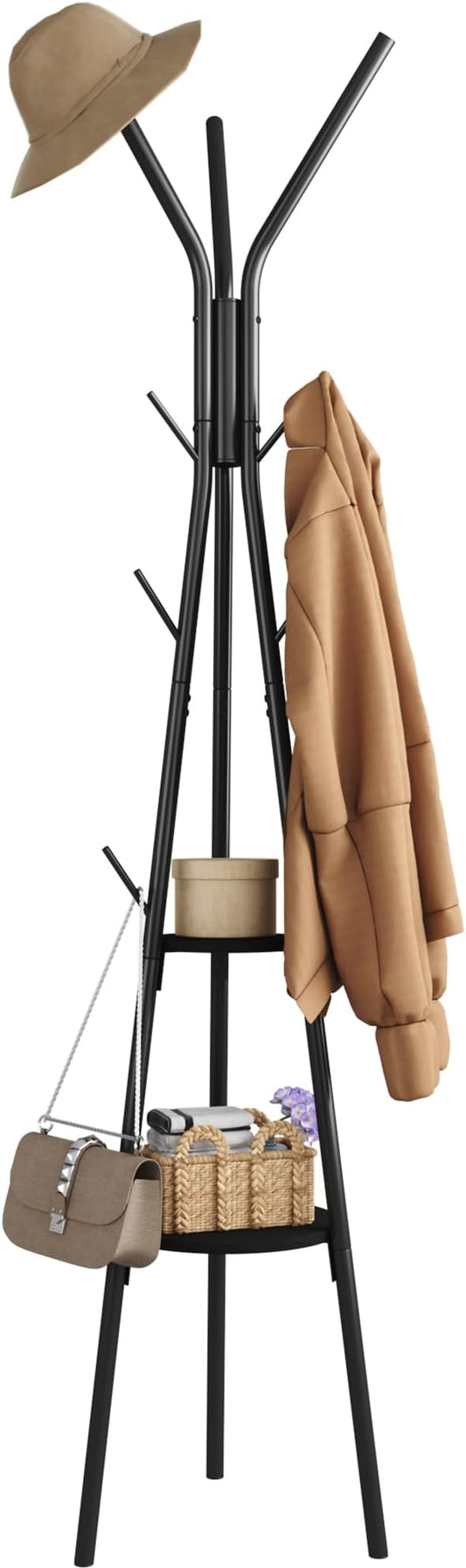 HOMEFORT Coat Rack, Coat Hanger Stand with 2 Shelves, Freestanding Hall Tree, Metal Hat Hanger with 12 Hooks for Clothes Hats and Scarves (Black)