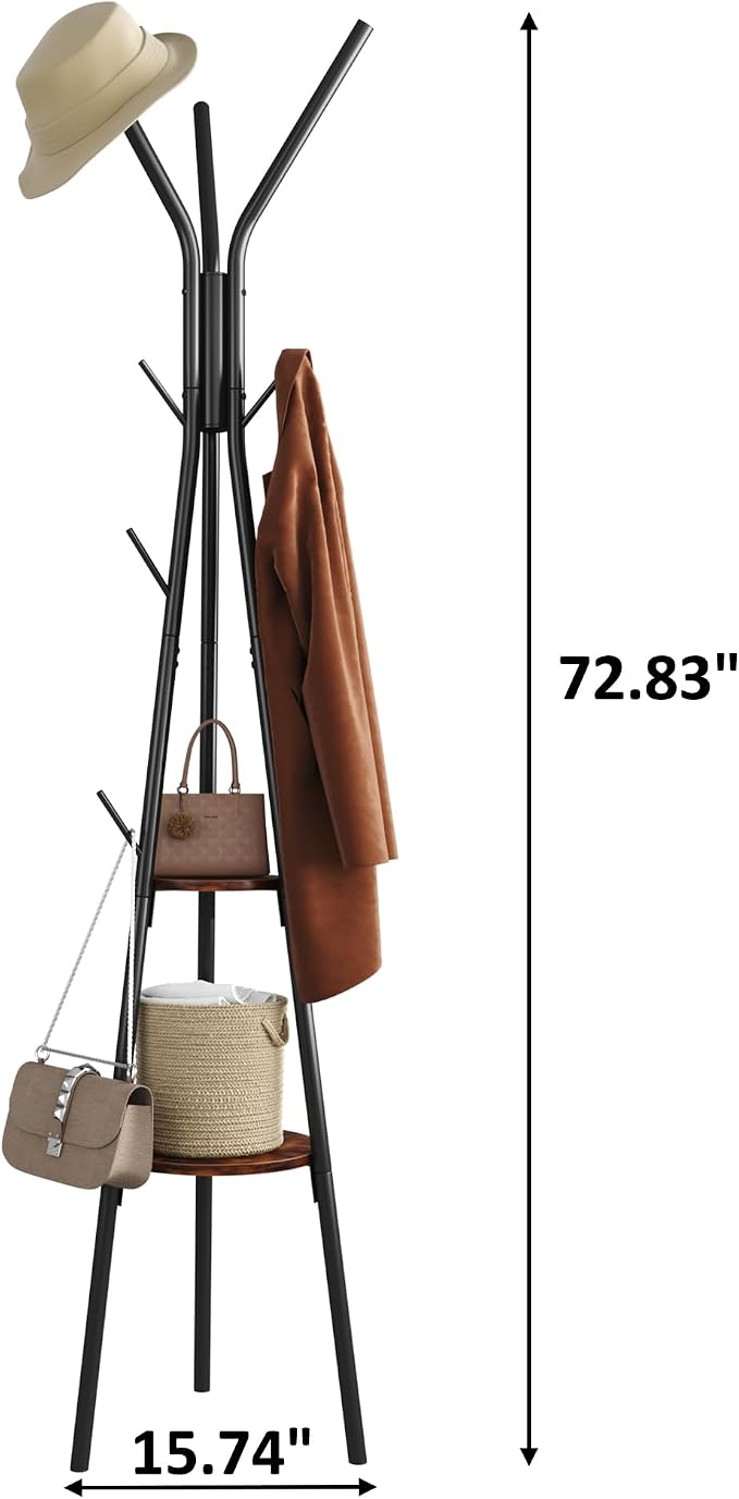 HOMEFORT Coat Rack, Coat Hanger Stand with 2 Shelves, Freestanding Hall Tree, Metal Hat Hanger with 12 Hooks for Clothes Hats and Scarves, Black and Rustic Brown,15.7" Wx15.7 Dx72.8H