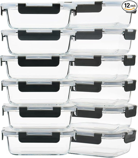 GULFLIN 12 Pack 22oz Glass Meal Prep Containers, Food Storage Containers with Lids, Air-Tight, Leak-Resistant, Freezer to Microwave Safe - Grey Set | Glass Food Storage Containers with Snap Airtight Lids, Dishwasher Safe, Freezer to Microwave Safe