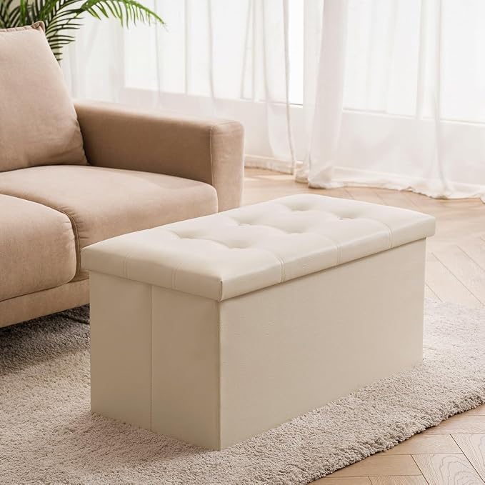 YOUDENOVA 30" Ottoman with Storage, Folding Faux Leather Bench, Beige | Foldable ottoman with hidden storage, padded faux leather seat for living room, bedroom and entryway.