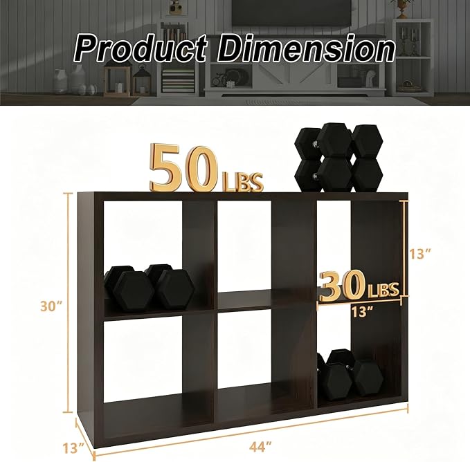 6 Cube Storage Organizer Shelf, Chocolate Color 13in | 2026 Wooden Thick Frame, Anti-Tipping Kits, Reversible Open Back Bookcase, Horizontal and Vertical Dual-use