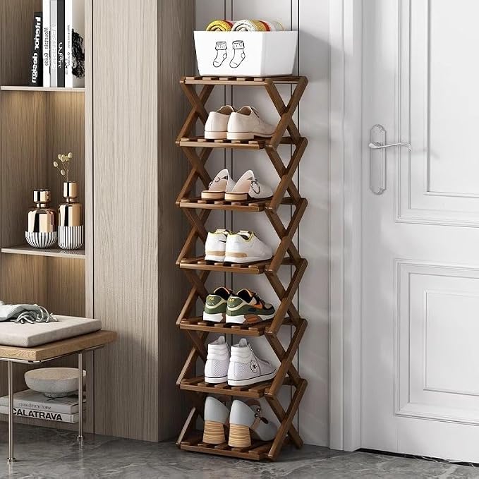 7 Tier Foldable Shoe Rack, Bamboo Vertical Shoe Organizer Tall for Multifunctional Narrow Shoe Shelf for Entryway, Closet, Corner, Bedroom, Hallway(Brown)