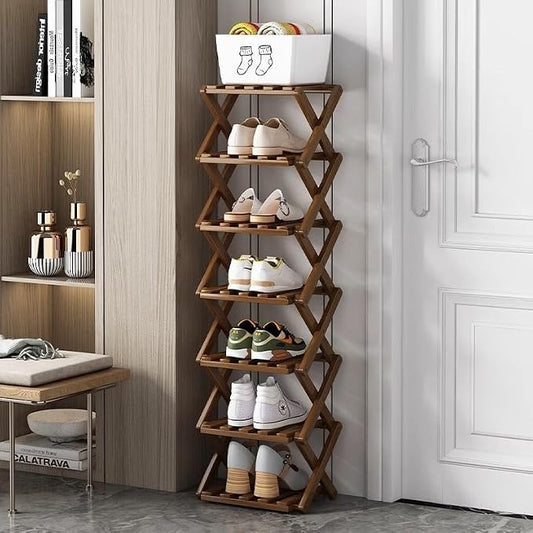 7 Tier Foldable Shoe Rack, Bamboo Vertical Shoe Organizer Tall for Multifunctional Narrow Shoe Shelf for Entryway, Closet, Corner, Bedroom, Hallway(Brown)