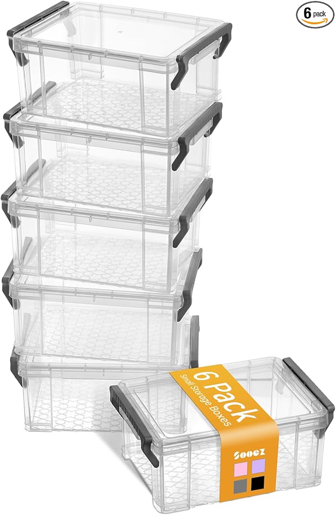 Sooez 6 Pack Small Plastic Containers with Lids, 6.4" x 4.4" x 2.7" | Clear Crayon Box Pencil Case, Stackable Stroage Organizer for Beads Craft Art Supplies, Storage Bins for Jewelry Stickers