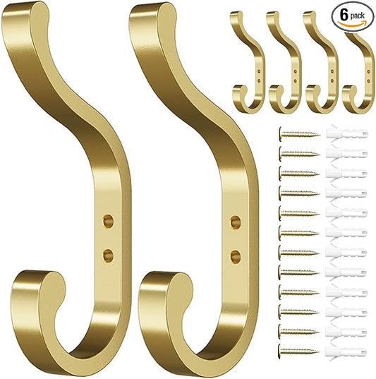 Gold Wall Hooks for Hanging Coats: Metal Mount - Large Heavy Duty (30 Lb) - Screw In - Mudroom for Clothes, Backpack, Purse, Bathroom Towel, 6 Pack