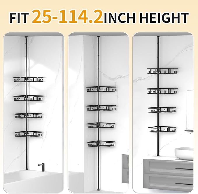 KEGII Shower Caddy Corner Tension Pole, Bathroom Organizer, 4-Tier Black | Rustproof Adjustable Rod with Floor to Ceiling Design, 25-114.2 inch Fit for Shampoo, Bath Essentials and Corner Storage