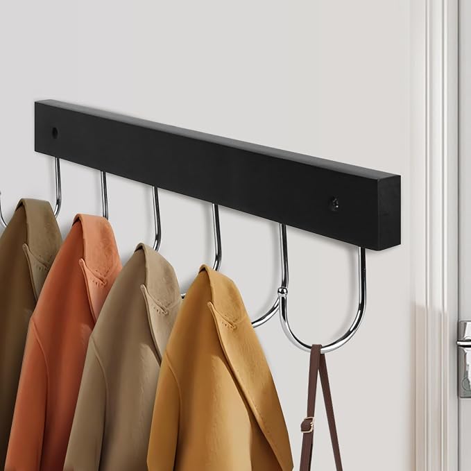 2-Pack Coat Rack Wall Mount, 14.6" Wooden Wall Hooks, 12 Rotating Hooks | Wooden coat rack; for coats, purses, hats, jackets, towels; space-saving entryway, hall & apartment storage, Black