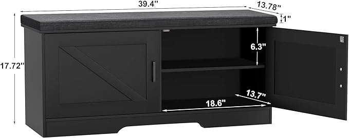 HOMSHO Farmhouse Shoe Storage Bench with 2 Barn Doors & Padded Seat Cushion | 39.4" Wide Entryway Bench with Adjustable Shelves & Hidden Storage, Black
