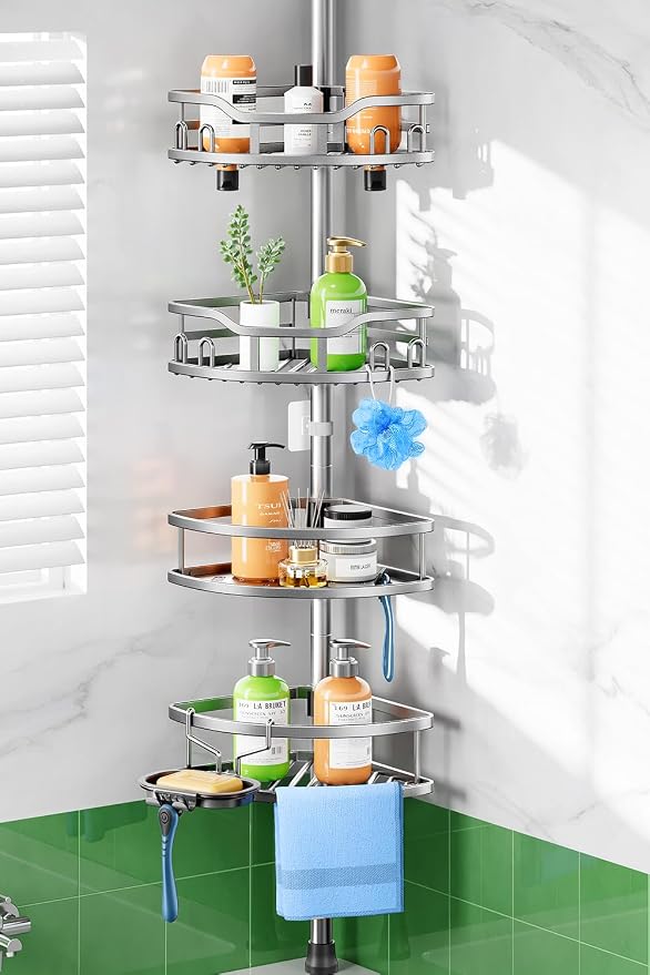 HAMITOR Shower Caddy Tension Pole: Rustproof Quick Install Corner Bathroom Organizer Shelf on Floor for Renters - 4-Tier Large Capacity Storage Rack with Soap Holder for Apartment -47-121 Inch/Silver