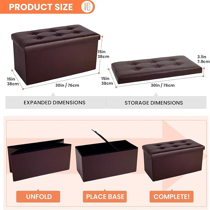 COSYLAND Ottoman Bench with Storage large-30x15x15in Folding Leather Ottoman, Rectangle Foot Stool Foldable Storage Chest Footrest Footstool Collapsible with Lid for Bedroom Living Room Brown