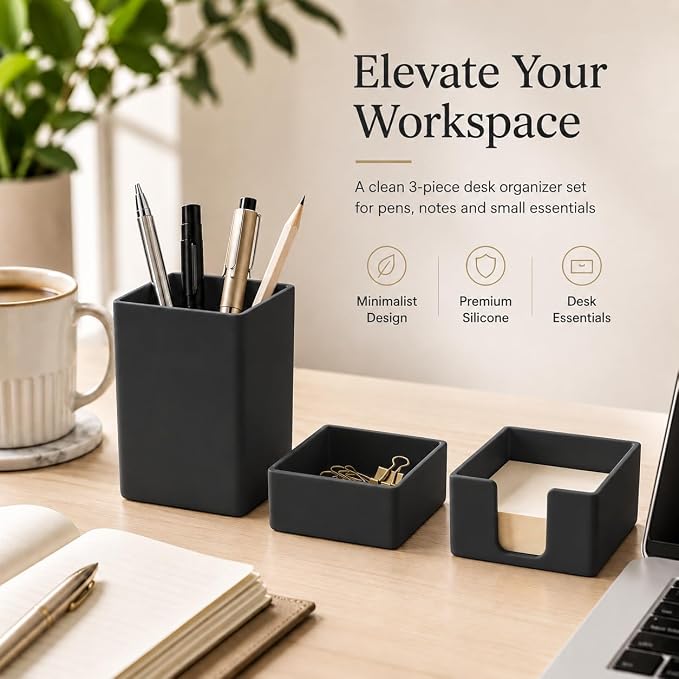 minimaliving Aesthetic Silicone Desk Organizer Set of 3,Modern Office Desk Accessories with Pen Holder,Paperclip Tray,Sticky Note Holder,Stylish Functional Office Desk Decor for Back-to-school(Black)