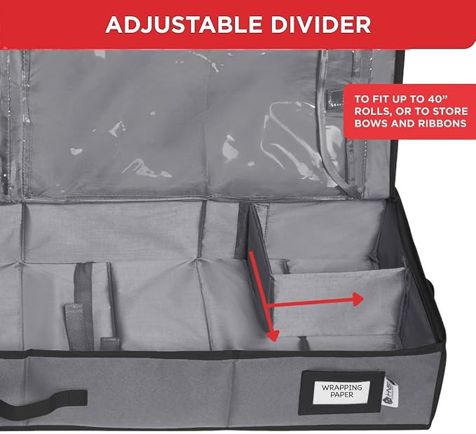 HOLDN’ STORAGE Premium Wrapping Paper Storage Container, Grey | Durable 600D Tear-Proof, Fits 27 Rolls Gift Wrap, Extra Pockets for Ribbons & Bows, Underbed Storage